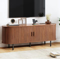 TV Stand with Power Outlet, Mid-Century Modern Television Stand, Media Console with Sliding Doors, Entertainment Center for TVs up to 60 Inch, Adjustable Shelves, Walnut-Ruum Studio Home