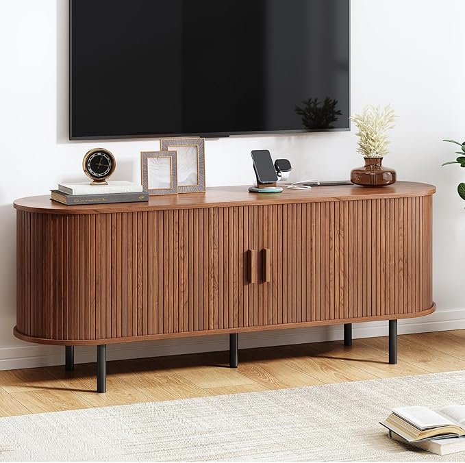 TV Stand with Power Outlet, Mid-Century Modern Television Stand, Media Console with Sliding Doors, Entertainment Center for TVs up to 60 Inch, Adjustable Shelves, Walnut-Ruum Studio Home