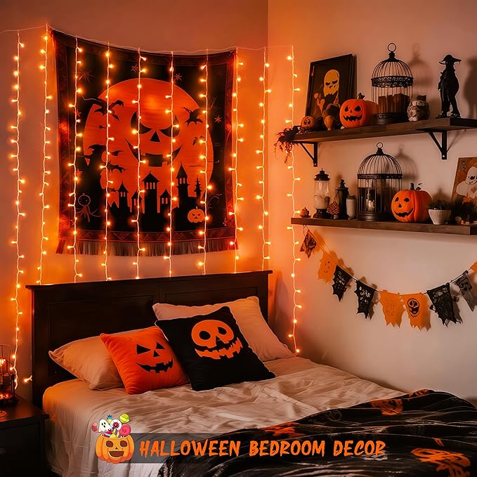 JMEXSUSS 300LED Orange Halloween Lights with Remote, 9.8x9.8ft Halloween Curtain Light, 8 Modes Orange Hanging String Lights Plug in for Fall Bedroom Thanksgiving Window Party Indoor Outdoor Decor-Ruum Studio Home