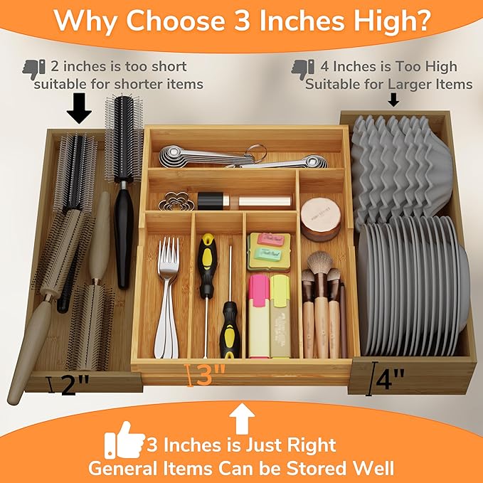 BAMEOS 3" Deepth Expandable Drawer Organizer, Deep Flatware Organizer, Adjustable Silverware Organizer, Bamboo Drawer Organizer for Kitchen, Bathroom (Natural)-Ruum Studio Home