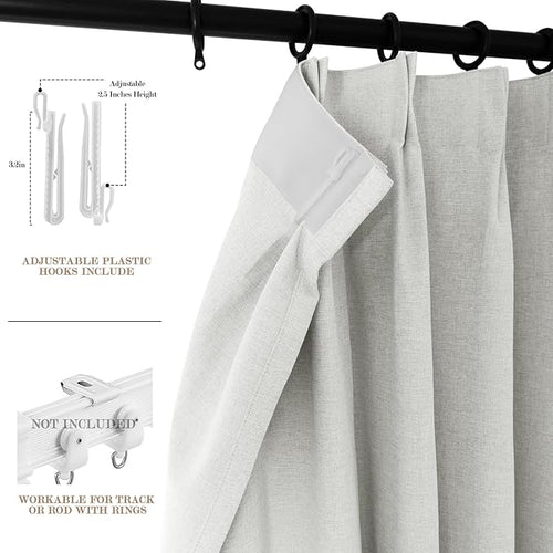 100% Blackout Linen Textured Drapes for Bedroom Pinch Pleated Curtains for Track System Portable Drapery for Sliding Glass Door/Storage/Space Room Divider, 70" Wx102 L, 1 PC, Greyish White-Ruum Studio Home