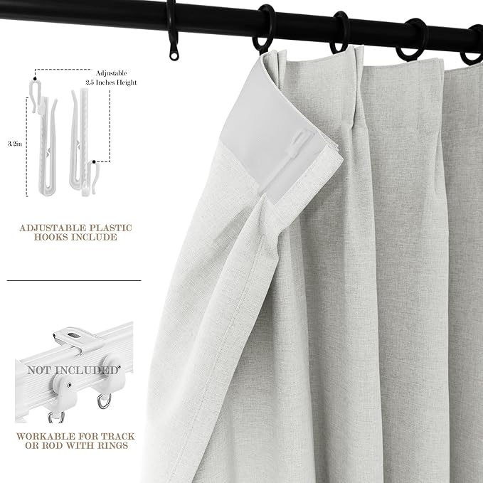 70" W x 108" L Faux Linen Room Divider Curtains, Full Blackout Pinch Pleated Drapes for Traverse Rod, Bedroom Divider Privacy Drapery with Hooks for Ceiling Track, 1 Panel, Greyish White-Ruum Studio Home
