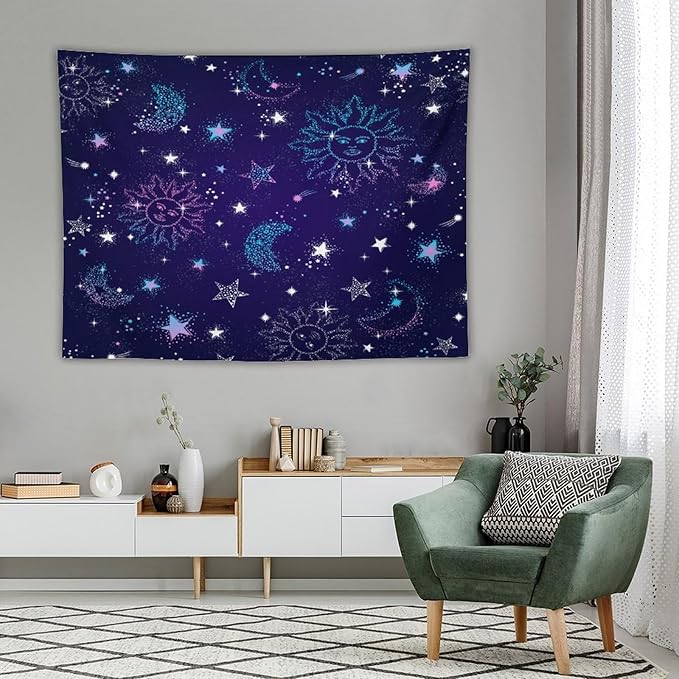 HZOHNAGO Boho Sun Moon Tapestry Purple Blue Sun Stars Galaxy Pattern Printed Wall Tapestry Wall Hanging for Bedroom Living Room Dorm 80" W x 60" H-Ruum Studio Home