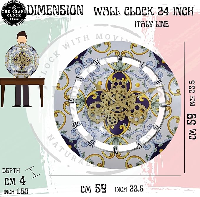 The Gears Clock Wall Clock Italy Collection with Moving Gears (Amalfi, 24 inch Round)-Ruum Studio Home