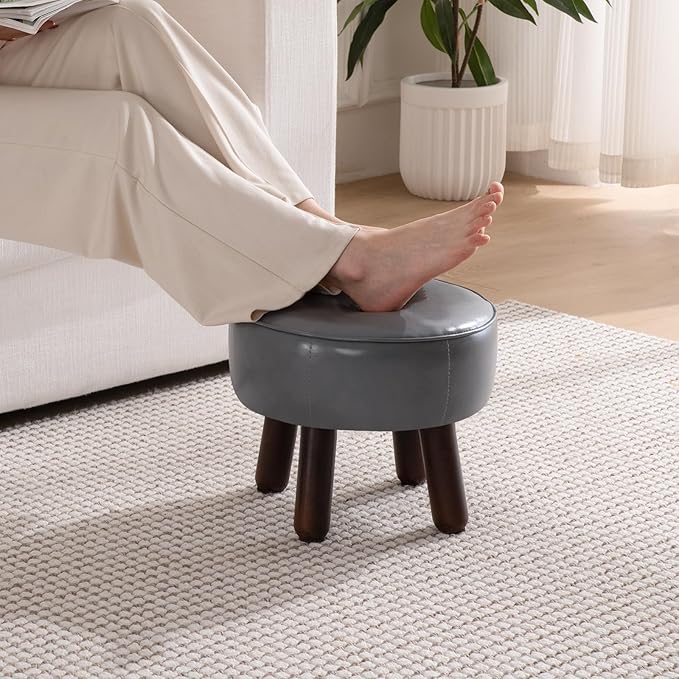 Ottoman, Small Foot Stool, Round Leather Pouf Ottoman, 13''L x 13''W x 10.2''H Foot Rest with Non-Skid Rubber Legs for Living Room Bedroom Couch Entryway, Grey-Ruum Studio Home