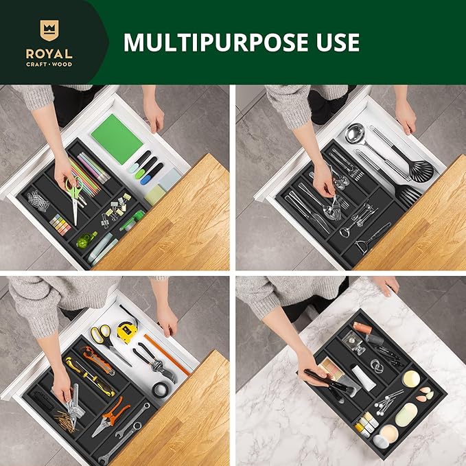 ROYAL CRAFT WOOD Luxury Bamboo Kitchen Drawer Organizer - Silverware Organizer - Utensil Holder and Cutlery Tray with Grooved Drawer Dividers for Flatware and Kitchen Utensils (7 Slot, Black)-Ruum Studio Home