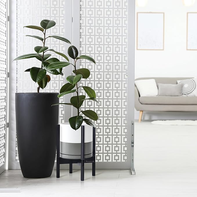 D'vine Dev Ceramic Planter with Ebony Stand - 10 Inch Modern Round Flower Pot with Wood Planter Holder, White/Grey, 55-B-L-6-Ruum Studio Home