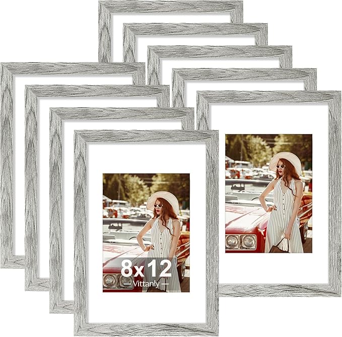 Vittanly 8x12 Picture Frames Set of 9, Shatter Resistant Plexiglass, Display 6x8 Pictures with Mat or 8x12 without Mat, Photo Frames for Wall or Tabletop, Engineered Wood, Grey-Ruum Studio Home