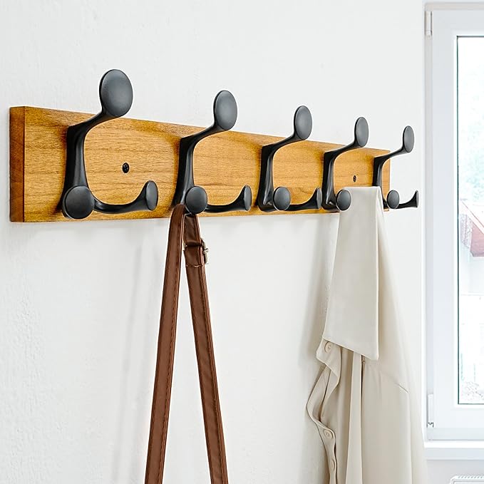 SKOLOO 24-Inch Light Brown Wood Coat Rack Wall Mount with 5 Triple Hooks - Ideal for Family Entrances, Classrooms, and Pet Supplies Storage - Perfect Coat Hooks for Wall-Ruum Studio Home