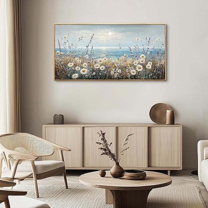 PHAOHUAXM Large Canvas Wall Decoration For Living Room Wall Art For Bedroom Office Decorations Blue Ocean Paintings Flowers Watercolour Wall Pictures Canvas Artworks Home Decor Wood Framed 24x48 In-Ruum Studio Home