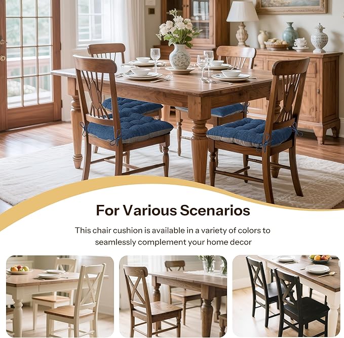 Non Slip Chair Cushions for Dining Chairs Set of 4 Kitchen Chair Cushions 18"x18"x3" Turfted Chair Pads Comfortable and Soft Seat Cushion with Ties, Royal Blue-Ruum Studio Home