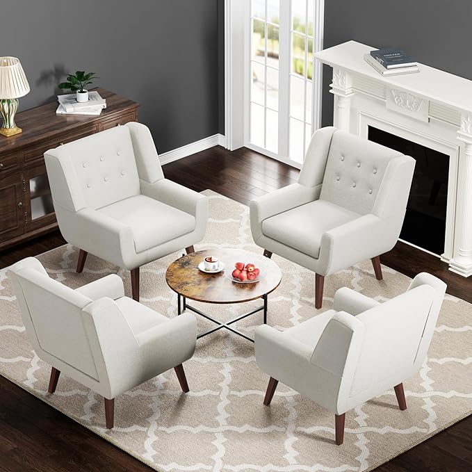 HUIMO Accent Chairs Set of 4, Upholstered Button Tufted Armchair, Linen Fabric Sofa Chairs for Bedroom, Living Room, Mid Century Modern Comfy Reading Chair (4, Beige)-Ruum Studio Home