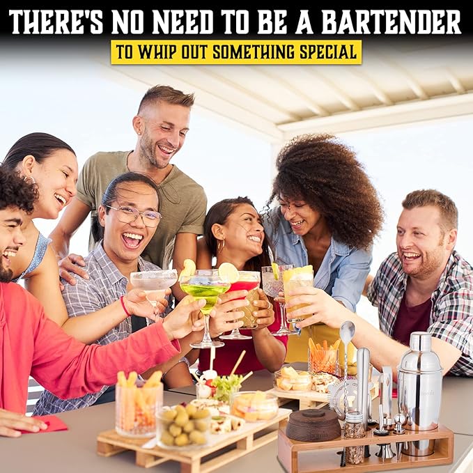 Bartender Kit with Whiskey Smoker - 13 pcs, Bamboo Stand - Bar Set with Cocktail Shaker, Bartending Kit with Essential Bar Accessory Tools, Wood Chips, Steel-Ruum Studio Home