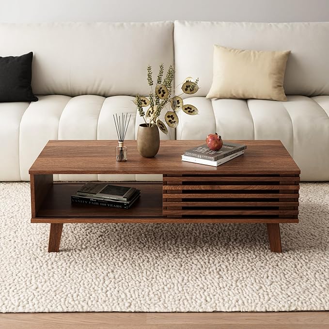 Mid Century Coffee Table with Storage & Sliding Fence Door, Modern Coffee Tables for Living Room, Walnut Finish-Ruum Studio Home