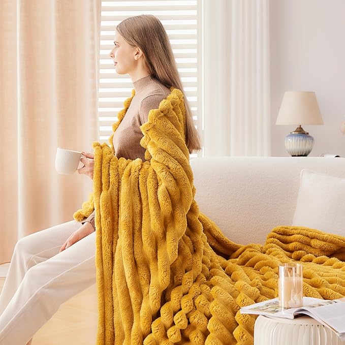 NEWCOSPLAY Super Soft Throw Blanket Mustard Yellow Premium Silky Flannel Fleece 3D Ribbed Jacquard Lightweight Bed Blanket All Season Use (Mustard Yellow Ribbed, Throw(50"x60"))-Ruum Studio Home