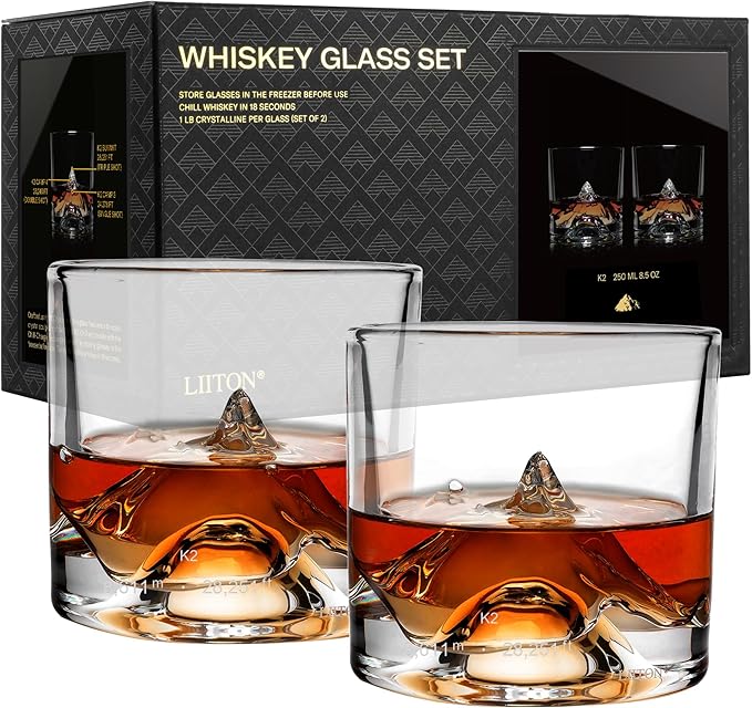 K2 Nepalese Heavy Crystal Whiskey Glasses Gift Set of 2, Thick Freezable Bourbon Glass 1lb Each, Premium Whiskey Gifts for Men, Frozen Crystal Chills Cocktails, 10 oz-Ruum Studio Home