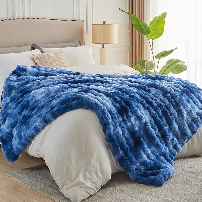NEWCOSPLAY Faux Fur Twin Blanket Indigo Luxury Fluffy Thick Warm Bubble Blanket for Couch Sofa Bed 700GSM (Indigo, Twin(60"x80"))-Ruum Studio Home