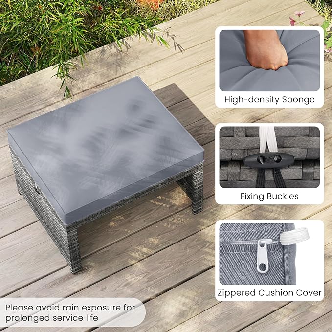 Tangkula 2 Pieces Patio PE Rattan Ottomans, Multipurpose Outdoor Footstool Footrest Additional Seating Side Table with Soft Zippered Cushions for Deck, Garden, and Yard (Gray)-Ruum Studio Home