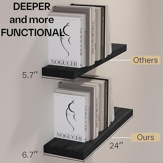 BGMG Wood Floating Shelves 24 inch, Wide Rustic Wooden Wall Shelves for Bathroom Living Room Bedroom Kitchen Farmhouse Set of 2-24x 6.7 x1.25 inch- Black-Ruum Studio Home