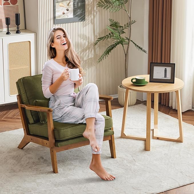 Karl home Accent Chair Wide Armrest Mid-Century Lounge Chair Linen Fabric Armchair with Lumbar Pillow & Solid Wood Frame for Living Room, Bedroom, Balcony, Green-Ruum Studio Home