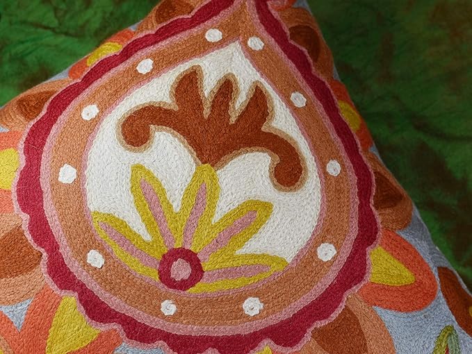 Soft Turquoise Hand Embroidered Floral Pillow Cover Flower Pillows Loral Outdoor Pillowcase Suzani Cushions Flower Chair Cushion Hand Embroidered Wool Size 18x18-Ruum Studio Home