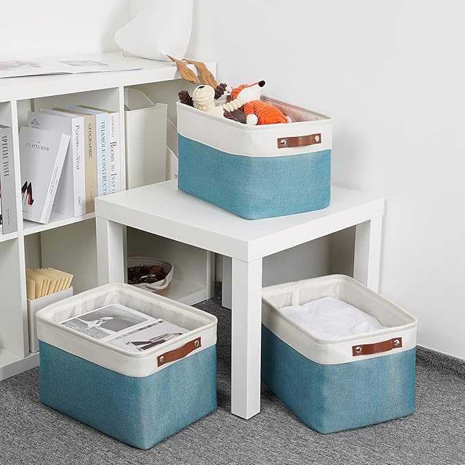 DULLEMELO Storage Baskets for Shelves, Fabric Collapsible Rectangular Storage Bins for Shelves, Closets, Nursery, Home, Empty Gift Baskets (3-Pack Medium-15 inch X 11 inch X 9.5 inch , White&Teal)-Ruum Studio Home