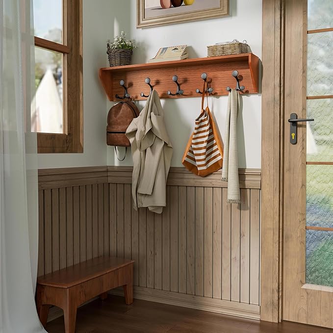 SKOLOO Wall Shelf with Hooks, 35-Inch Cherry Coat Rack Wall Mount with Shelf Organizer - Lightweight & Sturdy, 5 Tri Hooks - Perfect for Entryway, Hallway, Living Room, Bedroom, Mudroom-Ruum Studio Home