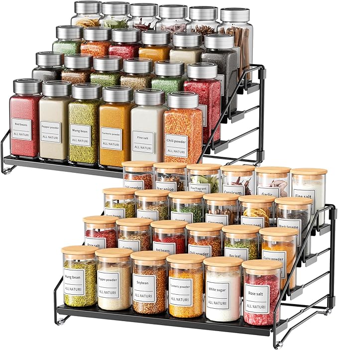 RCHYFEED Spice Rack Organizer for Cabinet Pantry,4 Tier Spice Rack Countertop,Tierd Spice Organization Easy Visibility, Depth Adjustable Seasoning Organizer for Cabinet (Black, 2Pack)-Ruum Studio Home