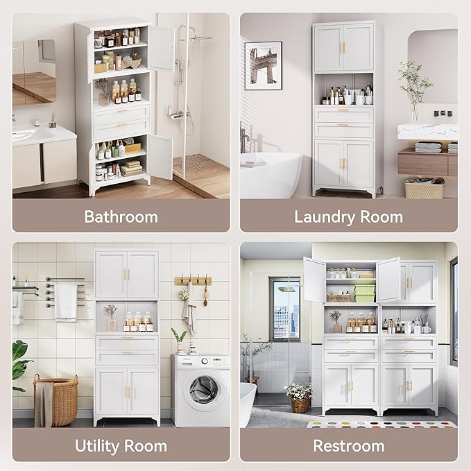 75” Tall Kitchen Pantry Storage Cabinet, Metal Bathroom Storage Cabinet with 2 Drawers and Adjustable Shelves, Kitchen Pantry Cupboard, Freestanding Cupboard for Bathroom, Living Room (White)-Ruum Studio Home