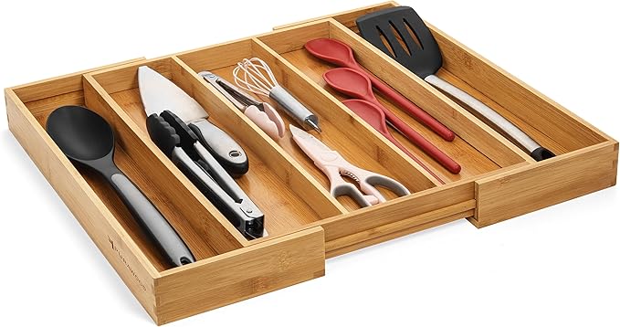 Purawood Kitchen Drawer Organizer, 2 Pack - Expandable Utensil Drawer Organizer for Kitchen, Cutlery Tray & Silverware Organizer, 3-5 Slots - Bamboo Organizer for Utensils & Flatware (Natural)-Ruum Studio Home