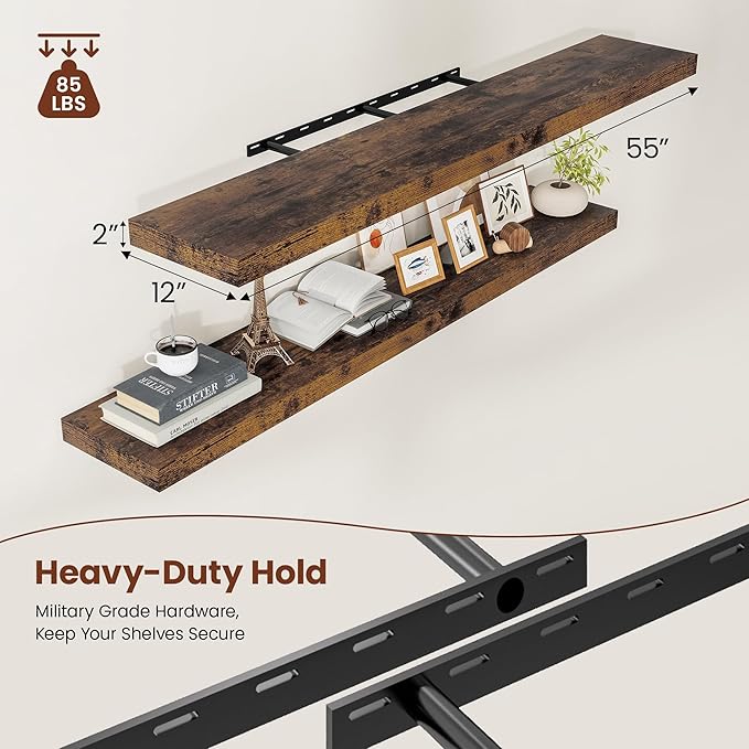 12" Deep Floating Shelves for Wall 55 Inches Long, Heavy Duty Wall Shelves for Bedroom Bathroom Kitchen Laundry Room, Farmhouse Rustic Shelves for Home Decor, 55" X 12" X 2" Set Of 2, Rustic Brown-Ruum Studio Home