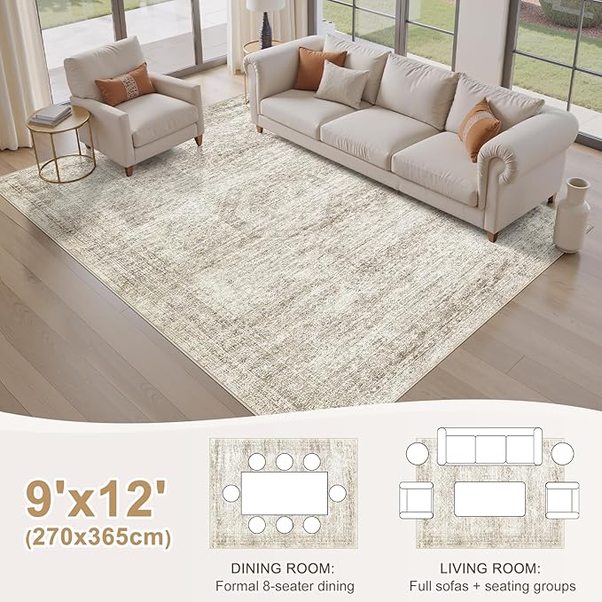 Washable Area Rugs for Living Room -9x12 Neutral Vintage Distressed Floral Farmhouse Boho Large Soft Floor Rug Indoor Non Slip Carpet for Living Room Bedroom Dining Room Office - Beige-Ruum Studio Home