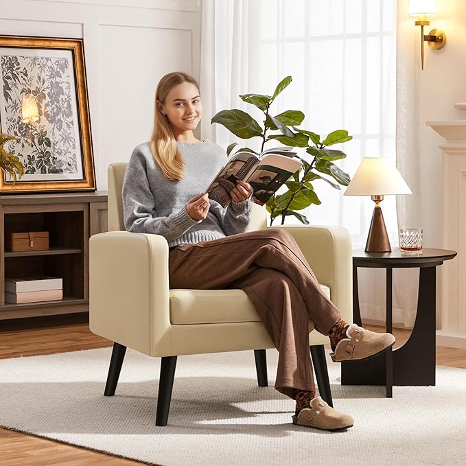 Yaheetech Mid-Century Accent Chairs, PU Leather Modern Upholstered Living Room Chair, Cozy Armchair Button Tufted Back and Wood Legs for Bedroom/Office/Cafe Beige-Ruum Studio Home