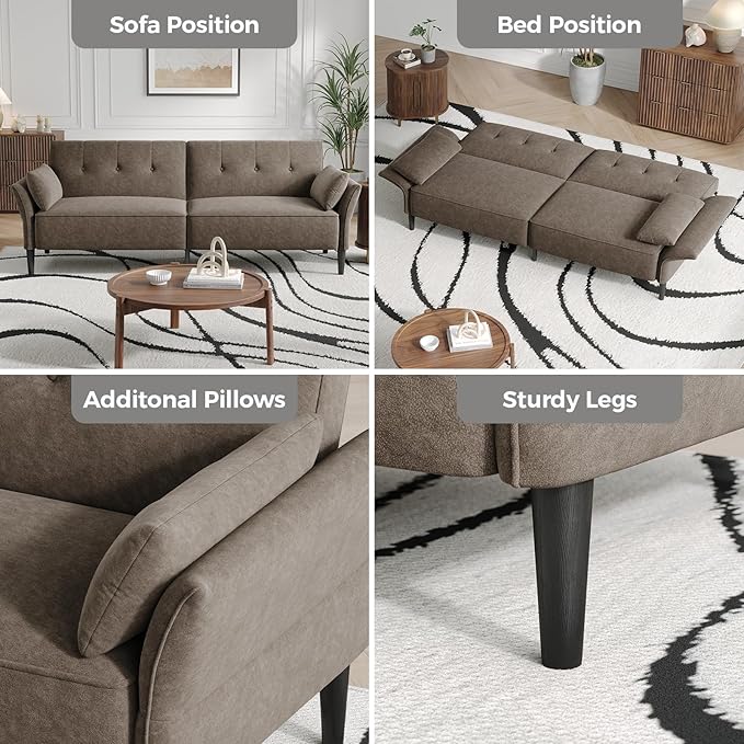 89” Futon Sofa Bed, Comfy Futon Couch Bed with 2 Square Pillows, Convertible Sleeper Sofa with Adjustable Backrest& Armrests, Modern Loveseat Sleeper for Living Room, Bedroom, Light Brown-Ruum Studio Home