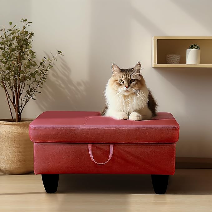 Ottoman Rectangular Storage Ottoman Bench, Faux Leather Footrest, Coffee Table, Stool Footstool with Hinged Lid for Living Room, Bedroom, Entryway, Red, 28.5"x19"x17.5"-Ruum Studio Home