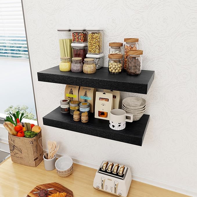 12 Inch Deep Black Floating Shelves, 24 x 12 Floating Shelf for Books, Rustic Wood Deep Wall Shelves for Home Storage & Display, 2" Thicked Shelves for Kitchen, Living Room, Bedroom, 1 Pack-Ruum Studio Home