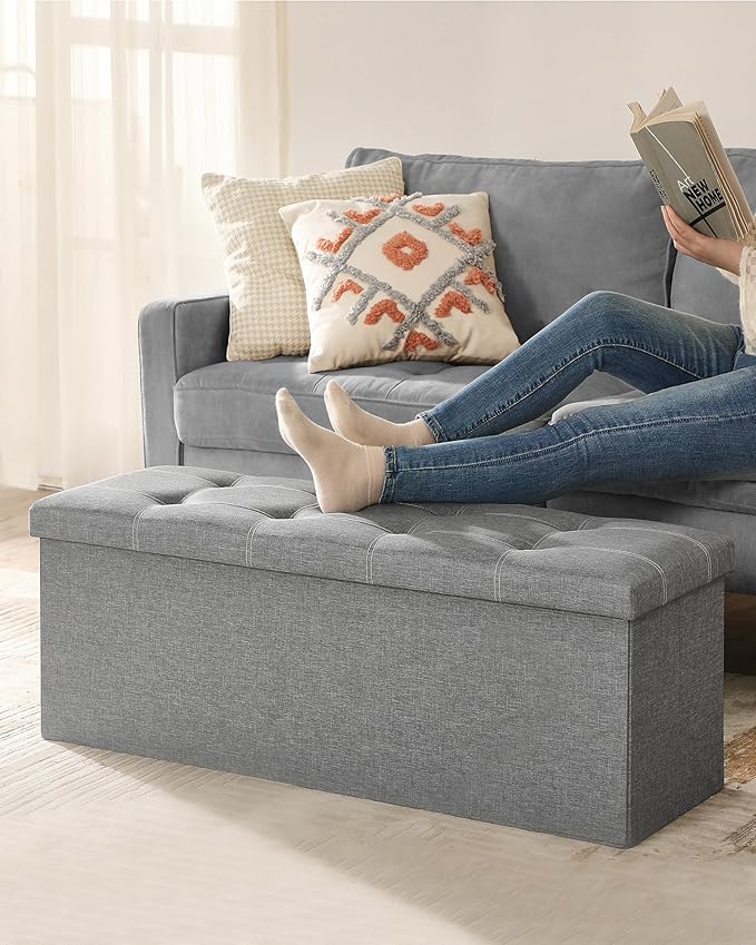 SONGMICS MAZIE Collection - 43 Inches Ottoman Storage Bench, 35 Gal. Folding Chest with Breathable Linen-Look Fabric, Load up to 660 lb, for Entryway, Living Room, Bedroom, Light Gray ULSF077G05-Ruum Studio Home