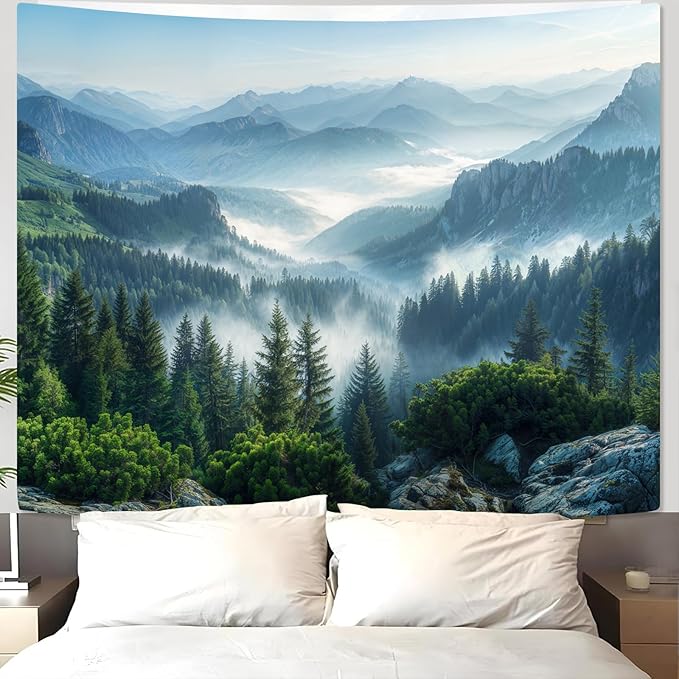 AMM Nature Forest Mountain Tapestry Green Misty Pine Tree Tapestry for Bedroom Aesthetic Foggy Woodlands Sky Landscape Tapestries Wall Hanging for Living Room Dorm 90 x 68 Inch-Ruum Studio Home
