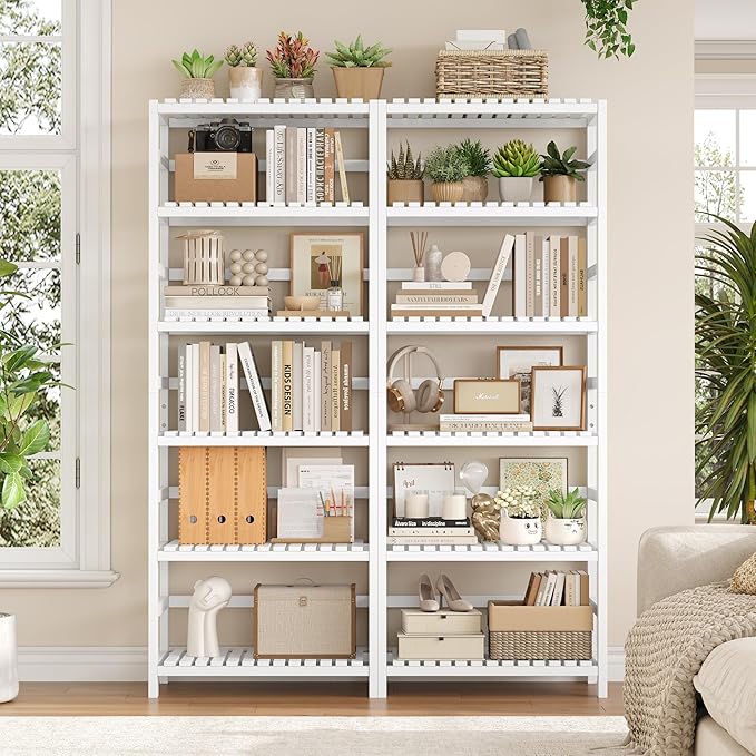 FOTOSOK 6-Tier Bamboo Shelf Set of 2, Bamboo Bookcase with Adjustable Shelves, Free Standing Storage Shelf Unit Plant Flower Stand, Tall Large White Bookshelf for Kitchen, Bathroom, Home Office, White-Ruum Studio Home