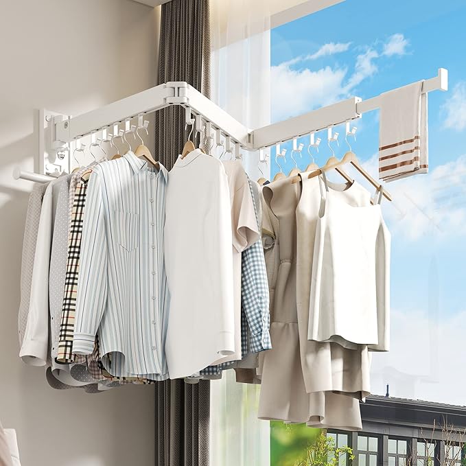 Wall Mounted Clothes Hanger Rack, Clothes Drying Rack,Laundry Drying Rack,Collapsible Clothes Rack Wall Mount, Retractable Drying Rack Clothing,can Fold Upward & Left & Right,White Color-Ruum Studio Home