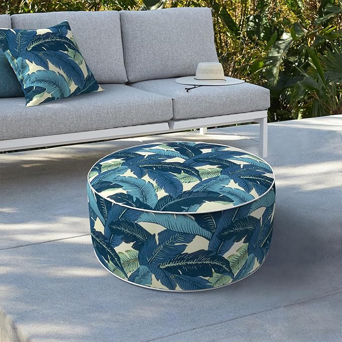 LVTXIII Indoor/Outdoor Inflatable Ottoman, D31 x H14 Inch Large Round Ottoman, All Weather Foot Rest Stool, Portable Footrest for Patio, Garden, Camping and Home - Swaying Palms Blue-Ruum Studio Home