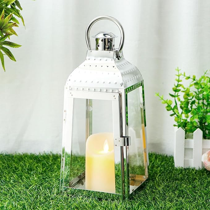 TRIROCKS Stainless Steel Candle Lanterns 12''H Decorative Candle Holders with Tempered Glass for Indoor Outdoor Porch Garden Parities and Wedding(Silver)-Ruum Studio Home