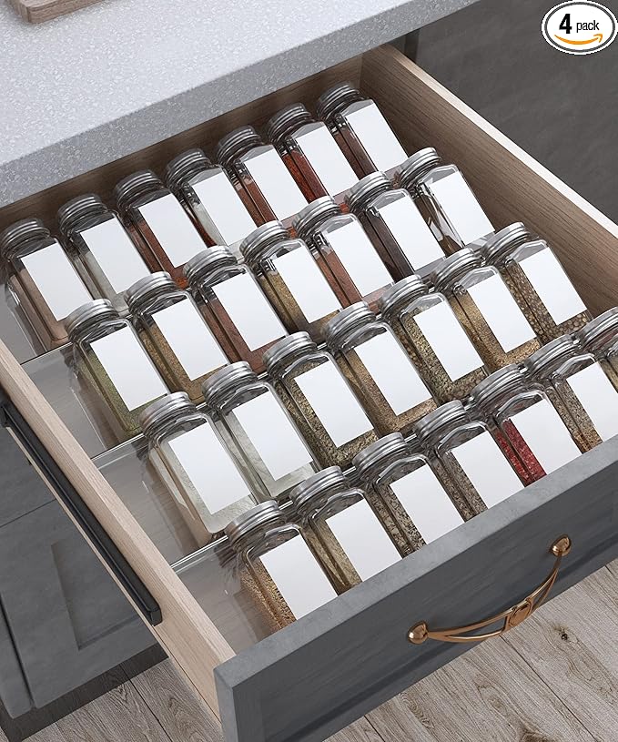 Antimbee Spice Drawer Organizer, 4 Tier- 4 Pack Acrylic Spice Rack Tray for Drawer, Expandable From 13" to 26" Kitchen Spice Rack Tray for Countertop Holds up 28 Spice Jars (Jars not Include)-Ruum Studio Home