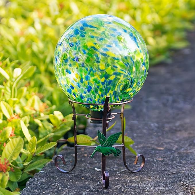 10 Inch Glass Gazing Ball, with 9.4" Tall Metal Gazing Globe Stand, Glass Balls Display Holder Set for Outdoor Garden Lawn Yard Decoration, Bright Summer Burst-Ruum Studio Home