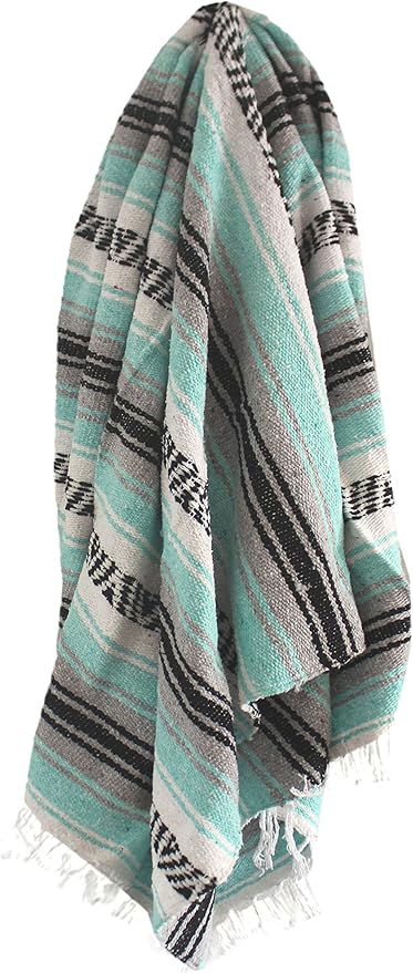 Del Mex Classic Mexican Blanket, Large Authentic Woven Falsa Throw (70"x50"), Artisan Southwest Décor for Beach, Yoga, Outdoors (Mint/Gray)-Ruum Studio Home