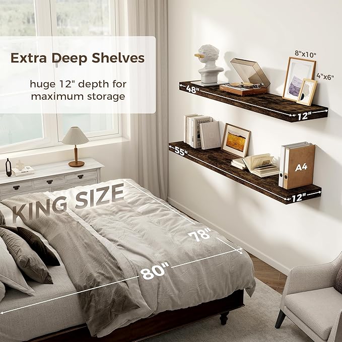 Floating Shelves 55 Inch Long, 55 x 12 Large Floating Shelf Wall Mounted, 12 Inch Wide Floating Shelves for Fireplace Mantel, 2" Thicked Storaged Shelves for Living Room, Bedroom, Rustic Brown, 1 Pack-Ruum Studio Home