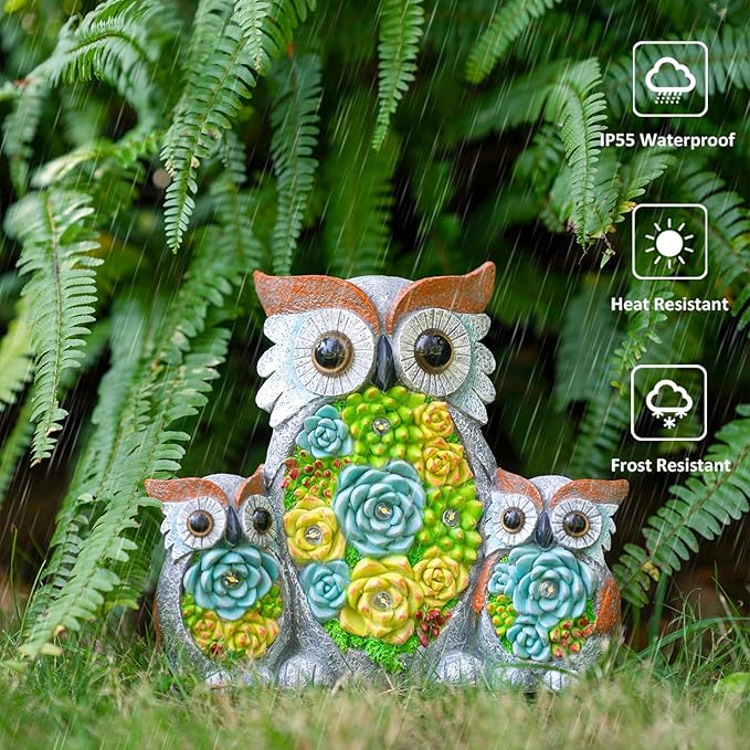 Solar Garden Statue Lights Owl Figurine with LED Lights, Outdoor Garden Succulent Ornaments, Mothers Day Mom Gifts for Outside Patio Yard Lawn Decor-Ruum Studio Home
