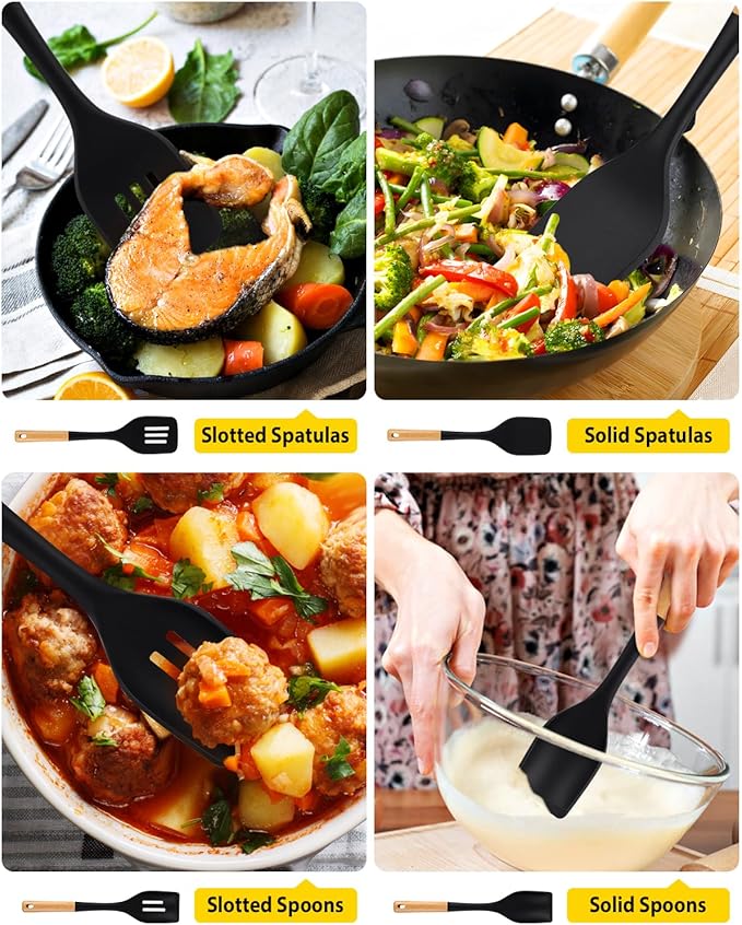 Pack of 4 Silicone Kitchen Utensils Set, Non Stick Solid Spatulas and Heat Resistant Slotted Spoons with Wooden Handle, Ideal BPA Free Cooking Utensils for Mixing,Serving,Turning,Stirring(BLACK)-Ruum Studio Home