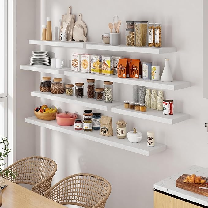 55 Inch Floating Shelves White, Rustic Wood Floating Shelf Wall Mounted, 9 Inch Deep Floating Shelf for Kitchen, Bedroom, 55 x 9 Wall Shelves for Home Storage, Set of 1-Ruum Studio Home