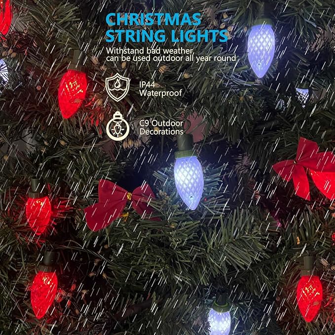 Extendable Red and White 50 LED Waterproof C9 LED Christmas Lights Indoor Outdoor Green Wire, Super Bright C9 Christmas String Lights for Tree, Patio, Easter, Porch, Home, Christmas Decorations-Ruum Studio Home